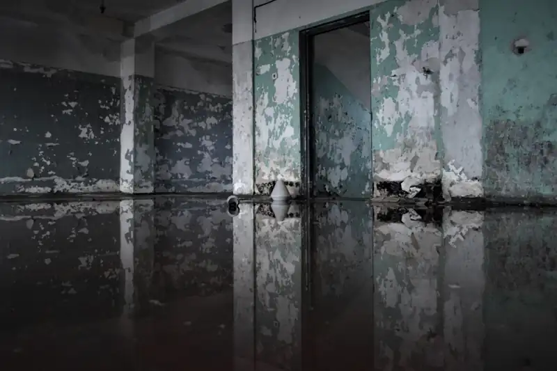 Standing floodwater covering the floor inside a building